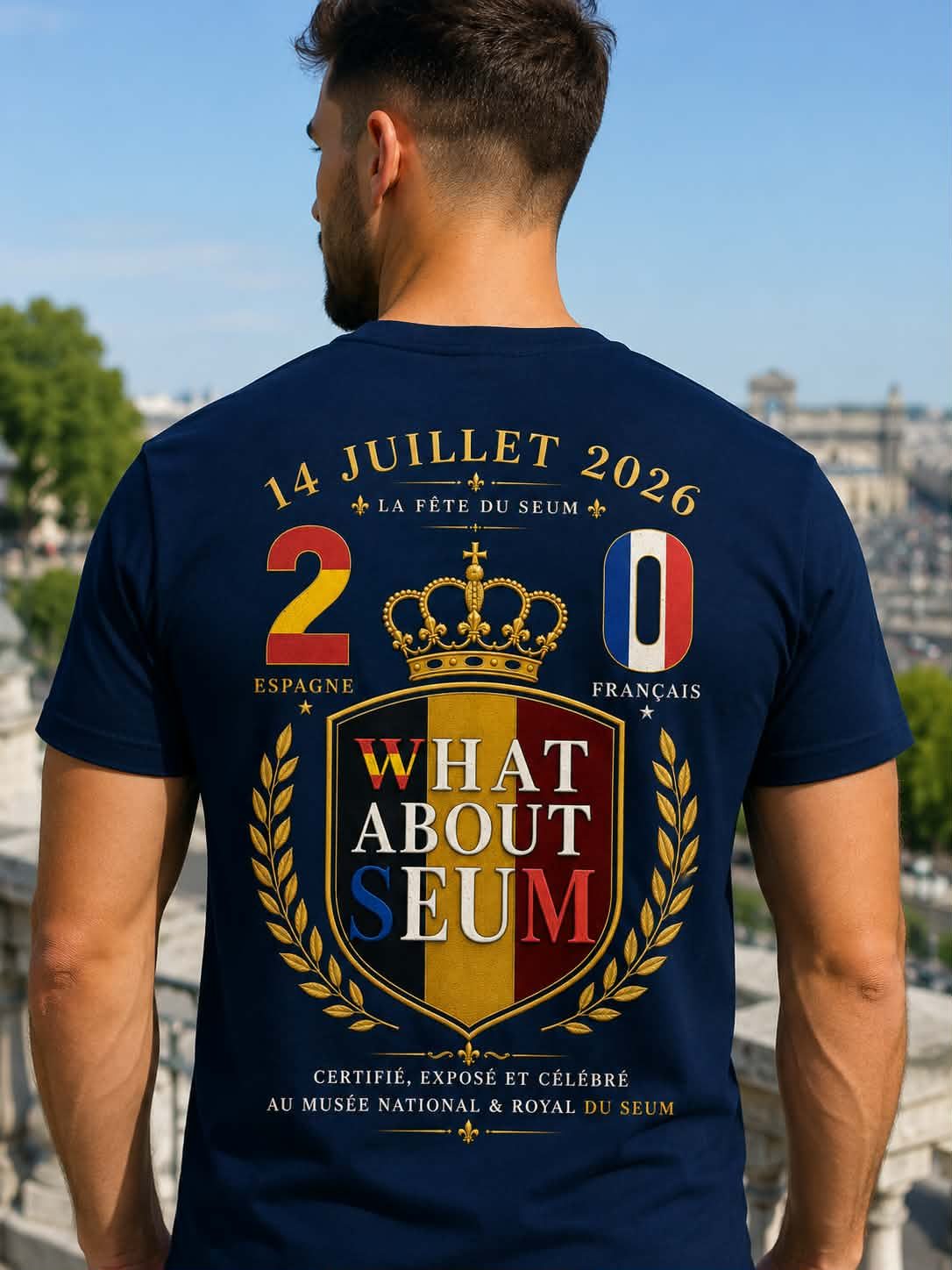 T-shirt bleu nuit, dos imprimé 14 juillet 2026 La Fête du Seum, Espagne 2 France 0, grand blason